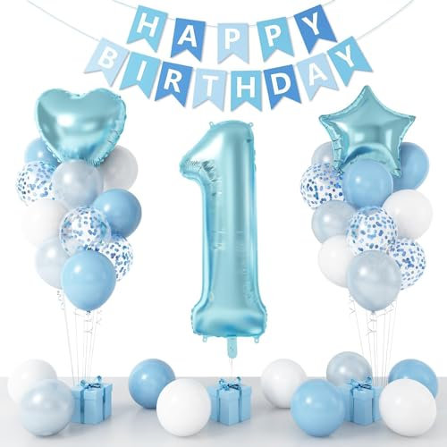 1st Birthday Decoration for Boys, Blue White Confetti 1st Birthday Balloon with 40 Inch Number 1 Blue Balloon Star Heart Foil Balloons and Banner for Baby 1 Year Old Party Decor