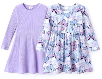 PatPat - Vestidos de manga larga para niña (2 unidades), diseño de mariposas, para cumpleaños, fiestas, banquetes, bodas, vacaciones, talla 83 a 122, Lila., 6-7 Años