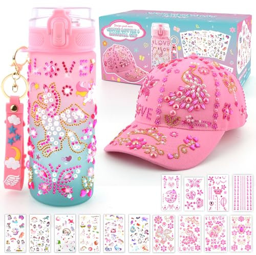 Birthday Gifts for Girls Decorate Your Own Water Bottle and Baseball Cap, Birthday Present Gifts for Girls Age 6 7 8 9 10 11 12 Years Old Kids Art and Crafts for Girls with Gem Unicorn Stickers