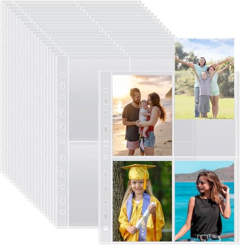 50er Pack A4 Fotohüllen mit 400 Fächern für 2/3/4-Ringordner, Transparente Postkartenhüllen mit 4 Fächern, Klarsichthüllen a4, Top Loading Nachfüllseiten für Fotoalben (109x153 mm).