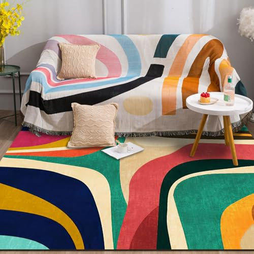 GUGJHFVH Quadratisch Teppich Schlafzimmer 130 x 130 cm, Waschbarer Pflegeleicht Kurzflor Teppich Moderner Abstrakter Gestreifter Teppich Bunt