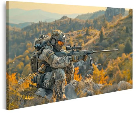 islandburner Bild auf Leinwand Soldat im Herbstwald mit Scharfschützengewehr für Wohnzimmer Geschichtsinteressierte Kanzlei Bilder Wandbilder Poster