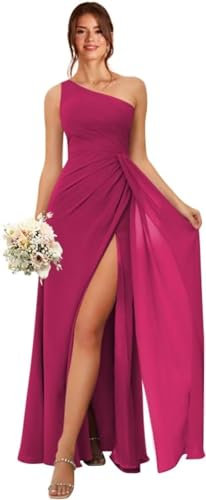 Genérico Un hombro Vestidos de Dama de Honor para las Mujeres Largo Gasa plisada Vestido de noche Formal Side Slit Prom Vestidos, fucsia, 34