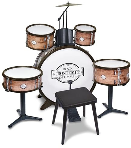 Bontempi | Schlagzeug mit 6 Elementen, Hocker und 2 Sticks, Realistischer Klang, 700x400x800mm, Musikinstrument für Kinder ab 5 Jahren