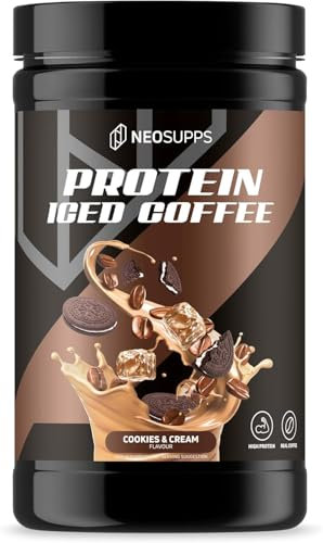 NEOSUPPS Protein Iced Coffee Cookies & Cream 500g, Made in Germany, Eiweißkaffee mit 20g Molkenprotein & 80mg Koffein pro Portion, Low Sugar Protein Drink mit echtem Kaffee & Cookie-Stückchen