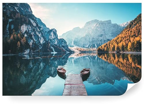 Fototapete Natur Vlies - Vliestapete Tapete Wandtapete Motivtapeten Vliestapeten Wohnzimmer Schlafzimmer Bildtapete Landschaft Berge Gebirge Bergsee Holzsteg Boot 270x180cm