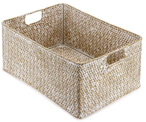 IGNPION Cesto portaoggetti aperto, in vimini intrecciato, rettangolare, per bagno, mensole e scrivanie, cesto portaoggetti multiuso (calce, XL)