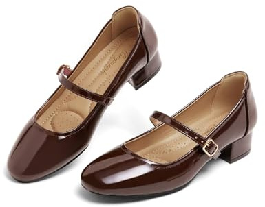 hingswink Mary Jane Shoes Low Heels Dress Pumps for Women with Adjustable Ankle Strap - 2 Inch Chunky Heel for Dressy Casual Occasions, Coffee, Size6