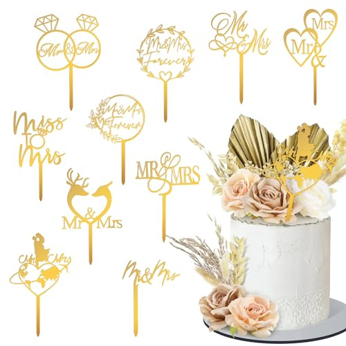 WJIAAA 10 Stück Mr Und Mrs Tortenstecker,Cake Topper Hochzeit 9 Stile Mr & Mrs Deko Torte Tortendeko Personalisiert Tortenstecker Hochzeitstorte Deko für Hochzeit Engagement Hochzeitsfeier