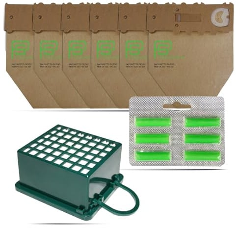 Kit Risparmio 6 Sacchetti Folletto VK 131, 6 Profumatori, 1 Filtro HEPA | Ricambi Folletto VK 131 Compatibili | Soluzione Tutto-in-Uno per Casa Sempre Pulita e Ordinata