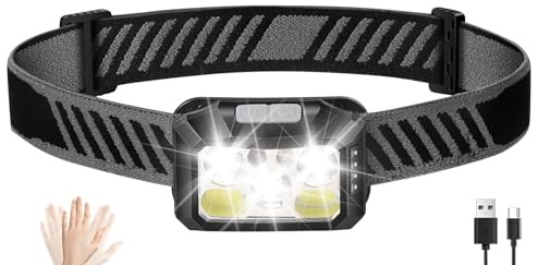 Diboniur Stirnlampe LED wiederaufladbar, 10 Lichtmodi, IPX5 | Kopflampe mit sensor & rotlicht, stufenlos dimmbar, 45° neigbar, mini headlamp für joggen, camping, angeln und reparaturen
