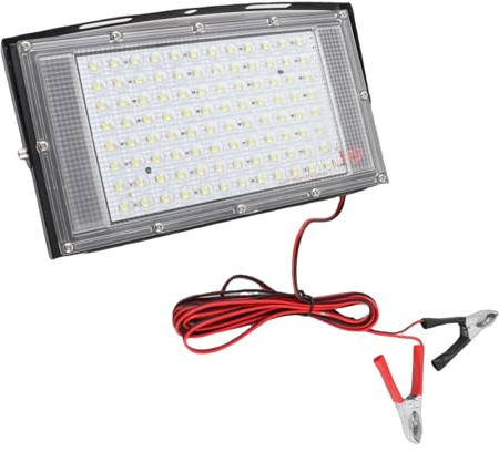 OVAQUIXI Outdoor Flood Light 100W 12V DC with Clamp Holder | Iron and PC housing, IP66 , for camping emergency battery use, portable work light, quick connect