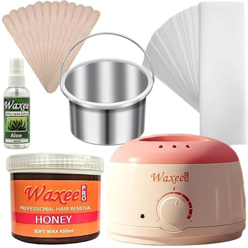 Pot waxing kit with 450ml soft hair removal wax, heater, strips, spatulas, after wax oil Aloe, from Waxee PRO.