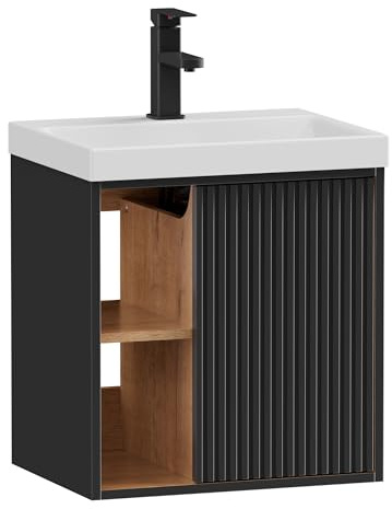UEV Waschtisch mit Unterschrank hängend 50cm, Waschbecken Gäste WC, Schwarz | Waschbecken mit Wasserhahn, Waschtisch klein, Waschplatz ausreichend Stauraum,Badmöbel Set für Badezimmer
