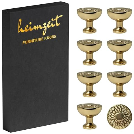 heimzeit Möbelknöpfe Urban 8 Stück aus hochwertigem Aluminium in Gold | Schrankknöpfe Rund für Türen, Schubladen und Kommoden, Stilvolles Design, mit Einlochgriff und Schrauben