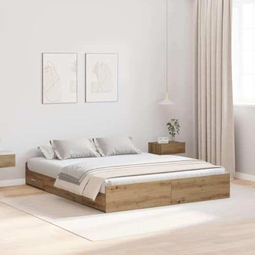 Owoxanthellate Betten Stauraumbett Artisan-Eiche 160x200 cm Massives Holzgestell mit 4 Schubladen Modernes Design Robust Langlebig für Schlafzimmer und Gästezimmer