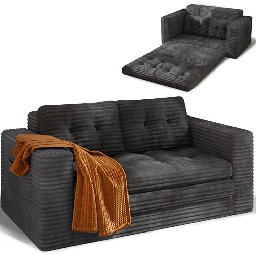 Xbro Schlafsofa Klein 2-Sitzer, 2-in-1 Sofa Klappbar, Bodensofa als Schlafsessel Ausklappbar, Faltsofa Bett aus Cord mit Kissen & Taschen, für kleine Räume, 150 × 86 × 75 cm, Schwarz