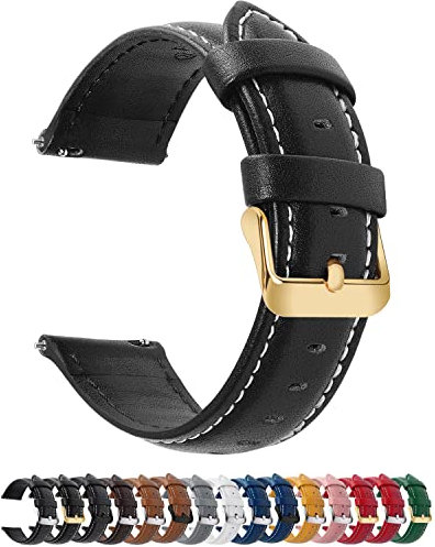 Fullmosa 12 Farben Uhrenarmband, Axus Serie Lederarmband Ersatz-Watch Armband mit Edelstahl Metall Schließe für Herren Damen 18mm,Schwarz mit golden Schnalle