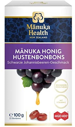 Manuka Health - MGO 400 + Schwarze Johannisbeere Lutschbonbons 100 g - 100% Pur aus Neuseeland mit zertifiziertem Methylglyoxal Gehalt und Vitamin C Bonbons