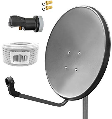 ARLI 60cm HD Sat Anlage Single LNB + 50m Koaxialkabel 135dB + 2X F-Stecker Digital 1 Teilnehmer Antenne Grau UHD 4K