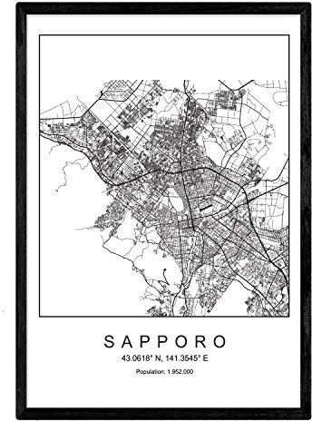 Nacnic Blatt Sapporo Stadtkarte im nordischen Stil schwarz und weiß. A3 Größe Plakat Das Bedruckte Papier Keine 250 gr. Gemälde, Drucke und Poster für Wohnzimmer und Schlafzimmer