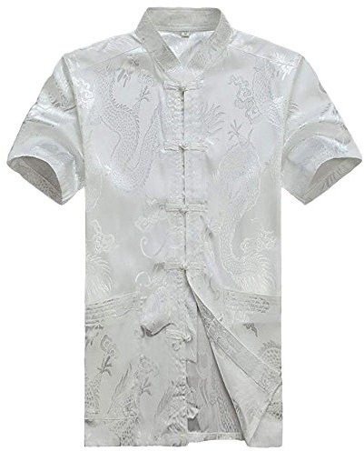 G-LIKE Chinesische Kleidung Drachen Jacke - Traditionelle Tangzhuang Kostüme Kampfkunst Kung Fu Tai Chi Qigong Kurze Ärmel Stehkragen Uniform für Männer Frauen (Weiβ, L)