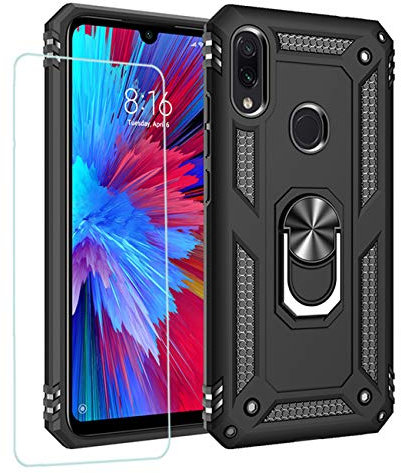 JOYTAG kompatibel Coque Redmi Note 7,Etui + Film de Verre trempé magnétique Support Armure Robuste Antichoc Silicone TPU 360 degré Cas de téléphone de Voiture Bumper-Noir