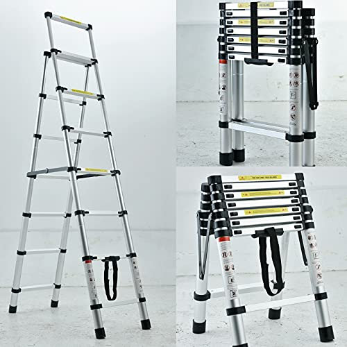 Indoor Step Ladder 7 Tread Telescopic Step Ladders Anti Slip Heavy Duty Foldable Stepladder Up to 330lbs Capacity for DIY Printing Decorating Kitchen Office Garden