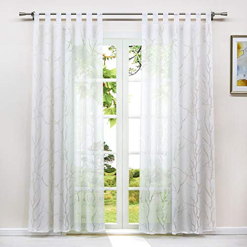 HeichkelL Transparente Gardine Ausbrenner 1 Stück Voile Vorhang Wohnzimmer Modern Gardine mit Schlaufen in Baumäste Muster Weiß BxH 140x145 cm