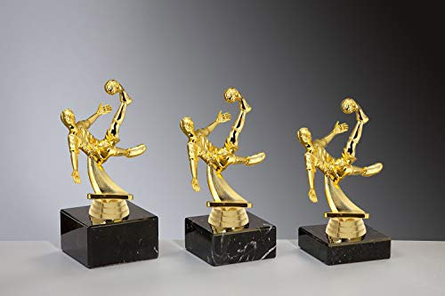 Henecka ⚽️ Herren Fussball Pokal, Schraubfigur Spieler beim Fallrückzieher Gold, Marmorsockel schwarz, mit Wunschgravur, wählbar in 3 Größen oder als 3er-Serie