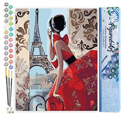 Figured'Art Peinture par Numéro Adulte Belle Femme et Tour Eiffel - Activité Manuelle Kit de Loisir Créatif DIY Numéro d'art Complet - 40x50cm sans châssis en Bois