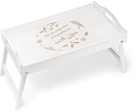 Maverton Frühstückstablett mit Gravur - personalisiert - Betttisch mit Griffen - klappbare Beine - erhöhter Rand - Weiß - zu Weihnachten - Stechpalme