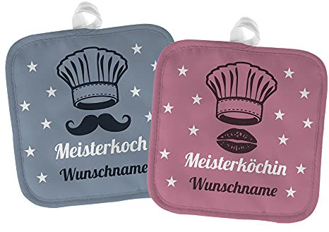 printplanet® - Topflappen mit Namen oder Text Bedrucken - Topf-Untersetzer 2er Set gestalten - Motiv: Meisterkoch und Meisterköchin