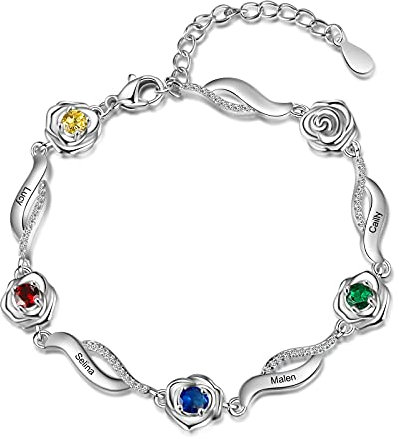 ALBERTBAND Bracelet Fleur Rose Personnalisé avec 1-5 Noms et Pierres de Naissance Simulées Bracelets à Breloques Réglables en Argent pour Femmes Femme Filles Saint Valentin Noël (4 names)