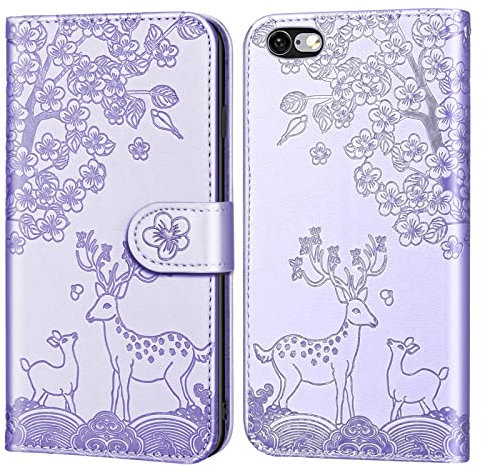 Aisenth Case for iPhone 6/iPhone 6S (4.7 inch), Embossed Sika Deer Floral Animal Design PU Leather Flip Wallet Case Protective Magnetic Cover with Card Slots + 1 Wrist Strap (Purple)