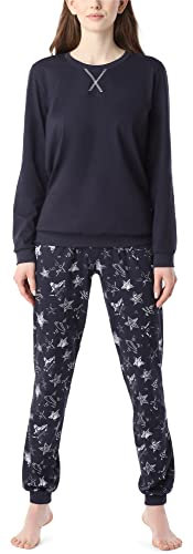 Merry Style Damen Lang Zweiteiliger Schlafanzug aus Baumwolle Pyjama Set Winter MS10-168 (Marineblau (Silberne Sterne), S)