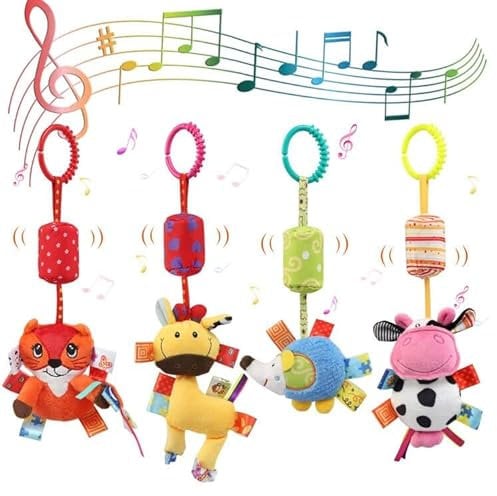 JoyLife Baby Kinderwagen Spielzeug, 4 Stück Plüschtier mit Glöckchen, Baby Spielzeug Kinderbett Anhänge Cartoon Tier hängen Rassel Kleinkind Spielzeug, Lernspielzeug