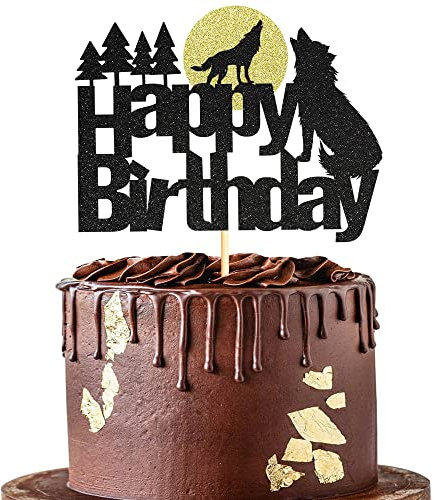 Sumerk Schwarzer Glitzer Wolf Tortenaufsatz Wolf Happy Birthday Kuchen Dekorationen Wildtier Thema Party Kuchen Supplies für Babyparty/Kindergeburtstag Party - 1 Stück