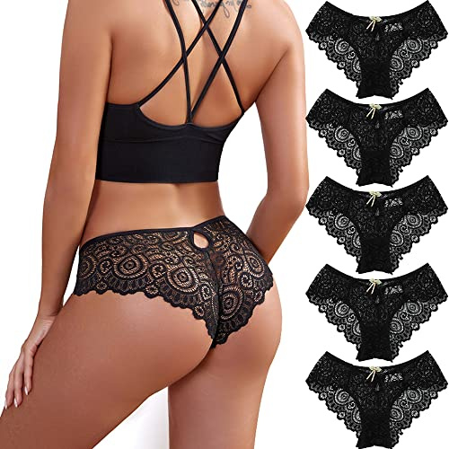 Zueauns Unterhosen Damen Slips mit Spitze Lace Hipster Unterwäsche Höschen Sexy Spitzen Frauen Bikinis Panties Pantys 5 Stück