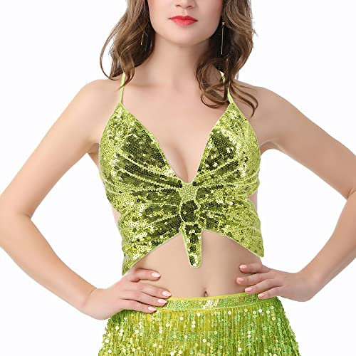 Naimo Damen Pailletten Schmetterling Crop Top Cami Sexy Neckholder Rückenfrei Tank Top Bauchtanz Kostüm Rave Party Outfits