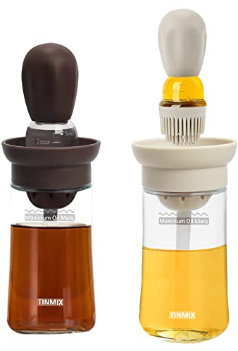 TINMIX Paquete de 2 dispensadores de aceite con cepillo - Botella dispensadora de aceite de oliva de vidrio 2 en 1 de 180ml con cepillo para asar para la cocina, T-OB21S, Marrón+Gris