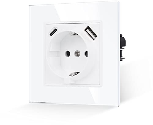 JIMEIDA Prise simple avec USB en blanc, prises en verre 16 A avec port USB A et port de type C max. 2,1 A, prise murale encastrée 86 mm, 250 V