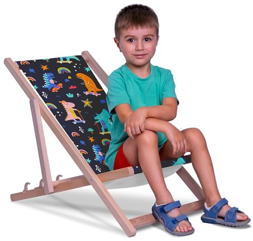 DreamRoots Kinder Liegestuhl Holz Gr. S, Skater Dinosaurs | Klappbarer Campingstuhl faltbar, für Garten & Strand, bis 130 kg, waschbarer Bezug, 100% Polyester, UV-beständig, Kinderliege
