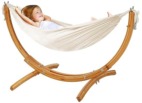FUNLIO Hängemattengestell Holz für Kinder von 3–5 Jahren (Körpergröße < 120cm), Premium Massivholz Hängematte mit Gestell, breitere & längere Kinder Hängematte mit Stabiler Struktur, 100kg Kapazität