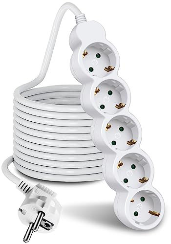 EXTRASTAR Regleta Alargador de 5 Metros con 5 Enchufes, 5 Tomas Regleta Alargador para el hogar, Oficina y Viajes, Blanco 1Pc