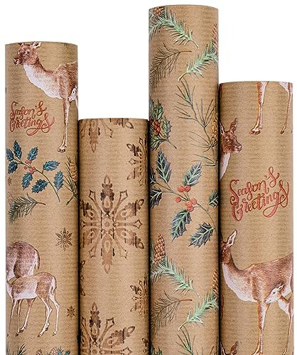 RUSPEPA Rouleau De Papier D'Emballage De NoëlKraft - Motif De Vacances De Renne Et De Houx - 4 Rouleaux - 43,5 X 305 Cm Par Rouleau