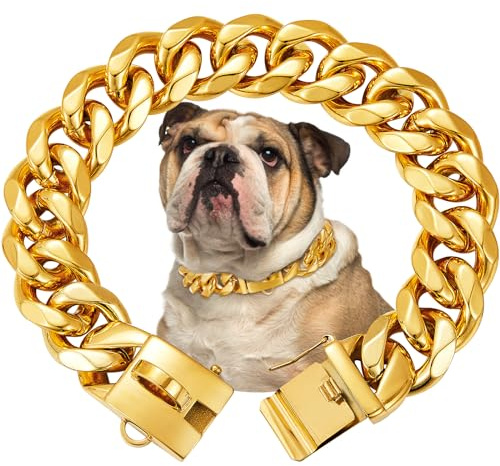 19mm Wide Gold Dog Chain Collar with Buckle,18K Gold Plated,Heavy Duty Strong Stainless Steel Metal Pet Solid Cuban Links Collars for Dogs(40cm)