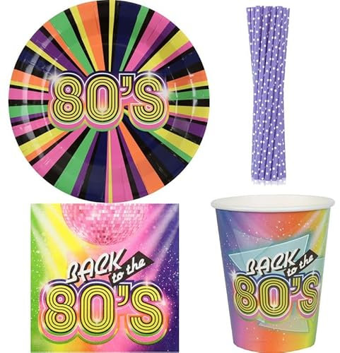 Playflip Vaisselle jetable pour fête des années 80 - Décoration des années 80 - Assiettes, gobelets, serviettes