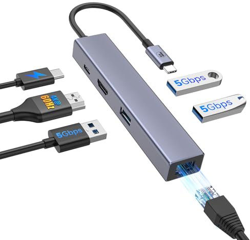 FORIDA USB C Hub, USB C Ethernet Multiport Adapter, 6 in 1 USB C to HDMI Dock Compatible with Macbook Pro Air, Chromebook, Dell XPS, HP and Type C Devices (Gigabit Ethernet 100W PD 4K60HZ HDMI
