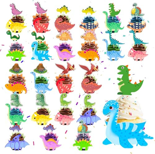 Dino Geburtstag Deko Tortendeko - 48Stück Dino Kuchen Deko Inklusive Cupcake Wrapper Dino Cake Topper Dinosaurier Motto Partyzubehör für Kindergeburtstagsparty